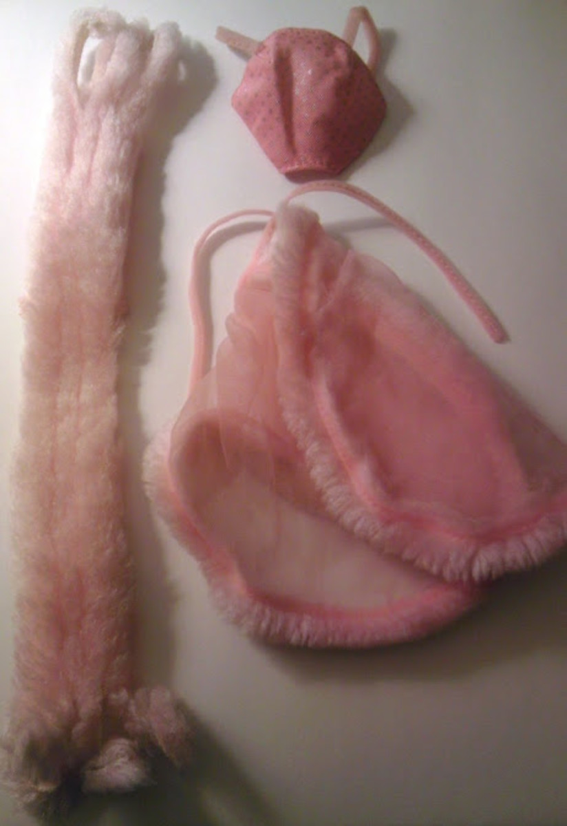 Three pieces from the Pink & Pretty Barbie outfit: faux fur wrap, skirt/cape trimmed with faix fur, and pink bodice.