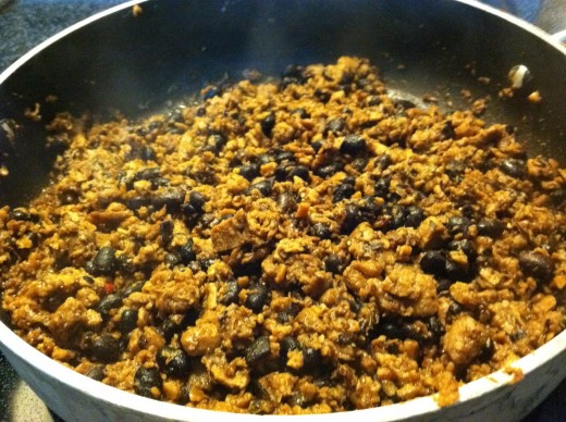 Vegetarian taco filling made up of soy crumbles, black beans and taco seasoning