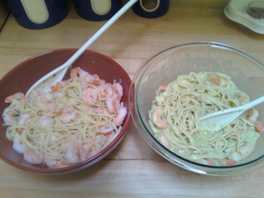 Shrimp scampi made two ways- a healthier version as 'Good' and a 'Evil' version with a spicy, creamy sauce. 
