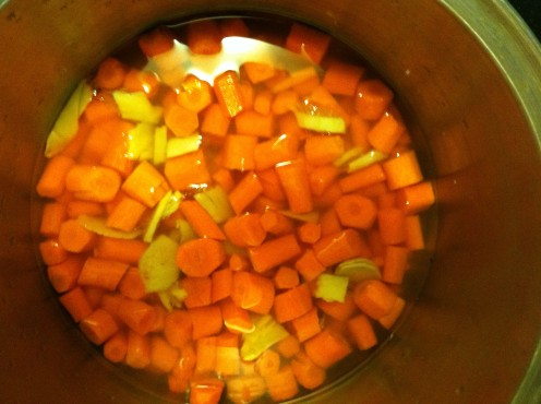 Slice carrots & ginger, add water & boil until soft