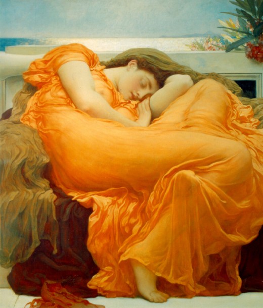 "Flaming June" by Fredrick Lord Leighton. Wiki Commons image in Public Domain.