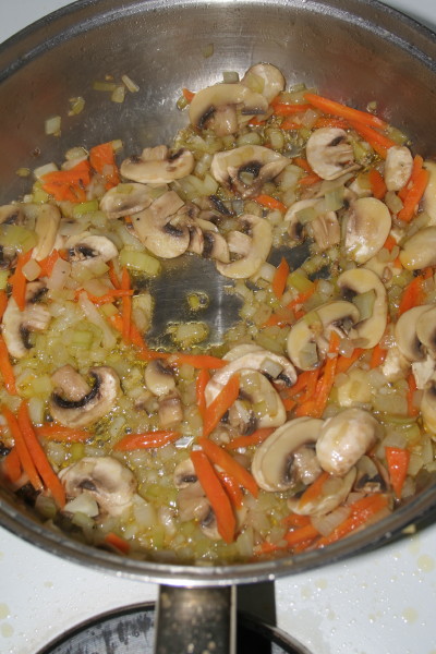 Carrots, baby marrows, chopped onions and mushrooms sauted in a very hot pan 