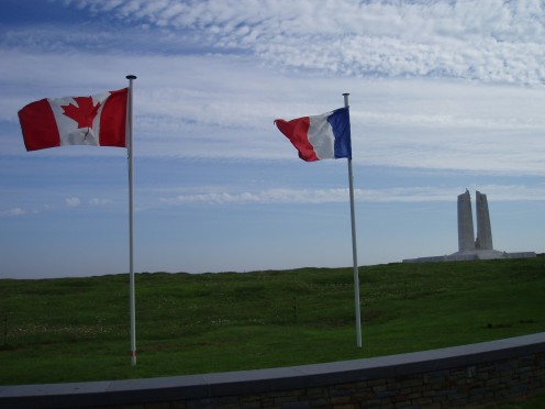 Canadian and French flags at the Vimy Memorial, on Vimy Ridge, France.