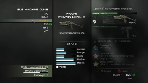 The PP90m1 from the main gun selection menu, and this shows the statistics of this amazing Modern Warfare 3 gun.