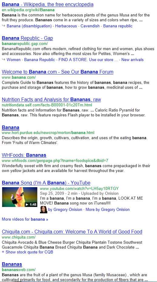 Standard Google search for the keyword "banana"