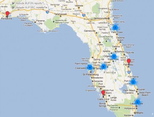 Concentration of UFO Sightings in Florida on January 19, 2012