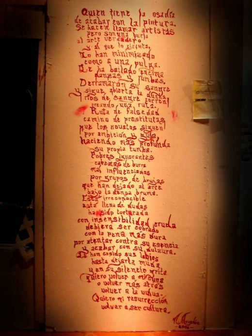 Su primera obra literaria expuesta al público fue una poesía introductoria a su obra ¿Quién mató la pintura? en 2006, Museo de las Américas Cuartel de Ballajá, Viejo San Juan. Por: Arcadia Panet