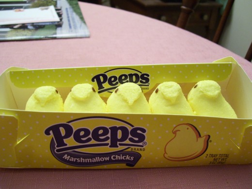 Five little peeps all in a row. The traditional yellow chicks.