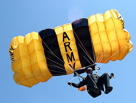 A jump at one of the Annual Elgin AFB Air Shows. The Gold Knights have a Gold and a Black Division and the US Army also has a parachute group called the Black Daggers.
