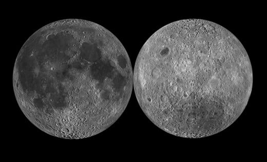 The near and far faces of the Moon. The Moon's face turns as it orbits, so that we always see the same side. That's one of the things that makes our Moon special!