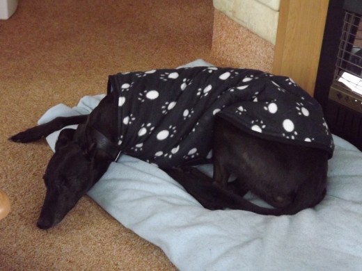 Maggie in her night coat at the caravan