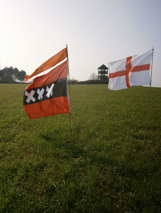 The tower at the supposed location of King Edward's windmill. The flags there where the Prince of Wales, the Black Prince, commanded the English right flank.
