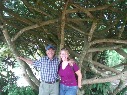 With my husband at Parque El Cafe near Pereira, Colombia. A thematic park all about the coffee growing, picking, drying, roasting process.