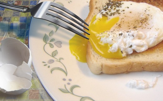 This poached egg was Sam's breakfast on the day he published this article. The table cloth is of his own design, superimposed on dry weeds which photo he also took the same day.