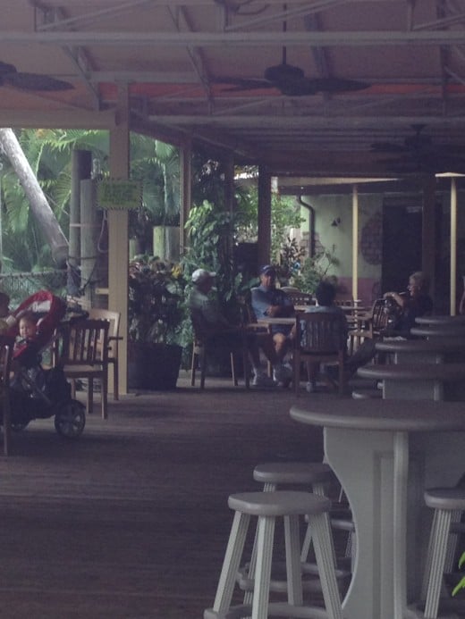 The Tropics Cafe has an outdoor seating area overlooking a placid lake. 