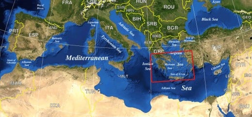 Composite satellite map of the Mediterranean with political borders superimposed. Where is Atlantis? Not within the Mediterranean.