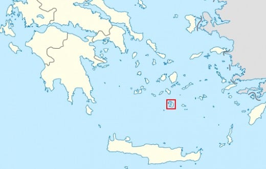 Map of Greece with Santorini marked by the red box. Where is Atlantis? Not here.