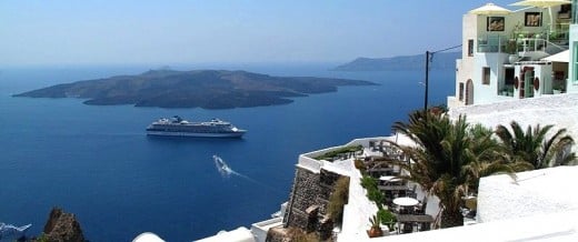 Looking from the town of Fira, across the caldera to the central island, Nea Kameni.