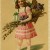 Old Russian Easter Postcard.  Girl carrying basket with Easter Bunny int he back.
