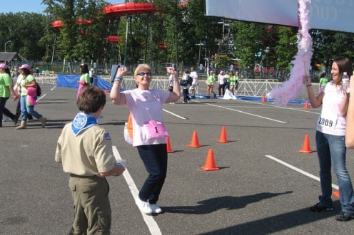 My grandmother crossing the finish line triumphantly at the Susan G. Komen Race for the Cure in Oct. 2009. You'd never believe it by how healthy she looks in this picture, but we lost her five months later.