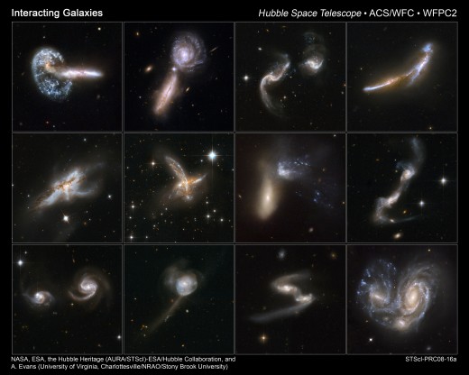 A collage of different intergalactic collisions imaged by the Hubble Space Telescope over the years. Someday, our own Milky Way Galaxy will crash into Andromeda! We've got a few billion years before we have to worry, though. 