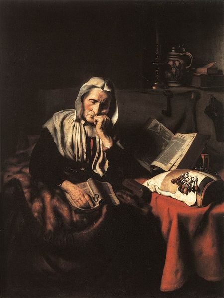 Old Woman Dozing. see: http://en.wikipedia.org/wiki/File:Maes_Old_Woman_Dozing.jpg Public Domain. Out of Copyright - 1656