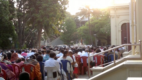 Congregation faces east toward the makeshift altar