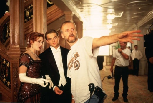 Kate Winslet, Leonardo DiCaprio and James Cameron on the set of Titanic (1997)