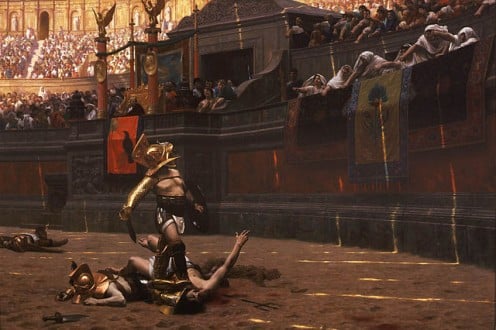 Jean Leon Gerome's "Pollice Verso." Gladiators have been sensationalized in the movies recently. In Rome, before the fall,  it was sport to watch a man fight until battered and bruised or take another's life just because he could.