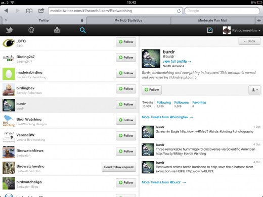 A twitter search for people with birdwatching in their profile
