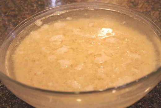 Rice after soaking.  Bubbles and/or a light white film are natural.  As long as it smells good and pleasantly sour, it is safe.