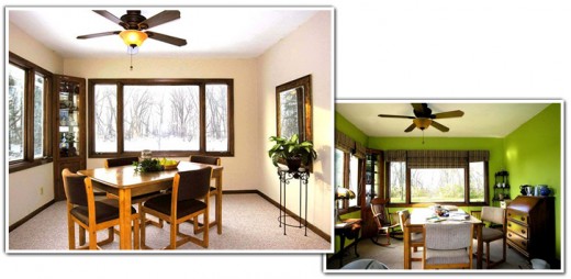 The green adds a sad feeling to this room. Removing the blinds and clutter gives this room a very open and inviting feeling