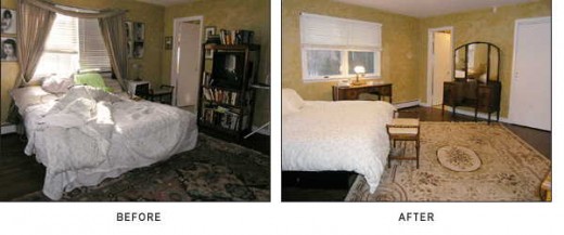 In the photo on the right the clutter, and drapes are gone, giving a cleaner, more appealing look to the whole room. The rug is turned diagonally to avoid a boring, overly symmetrical room.