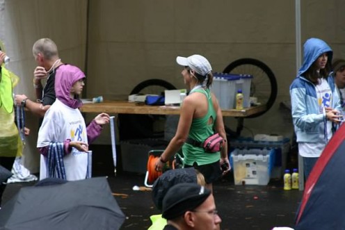 Crossing the marathon finish line - check out the fuel pack carrying diabetes supplies