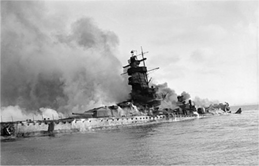 Admiral Graf Spee photographed in flames at the mouth of the River Plate just outside Montivedeo