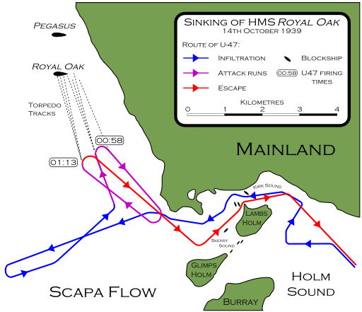 Map Indicating where the Royal Oak was sunk