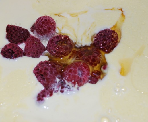 Stir in the vanilla, honey and fold in the raspberries.  Allow to cool to room temperature and then refrigerate for 1 hour