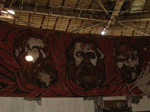 Marx, Engels and Lenin (vandalized interior of Buzludzha Monument)