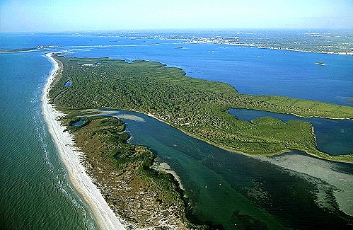 Partial aerial of Caladesi Island shows where the original inlet was likely located before the hurricane of 1921.