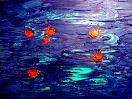 To me it looks like flowers in a deep water pond. Acrylics onto canvas using knife only. paint applied direct to the canvas and then spread about to see what would happen.