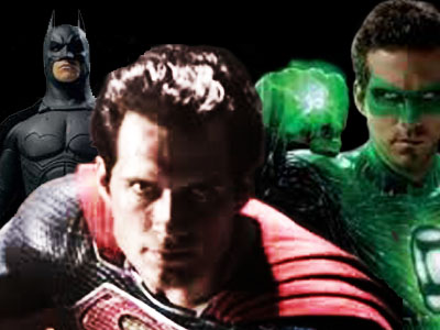 Justice League movie. Christain Bale (Batman), Ryan Reynolds (Green Lantern), Henry Cavill (Superman).