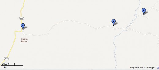 The locations of Dos Rios, Gavilan and Blue River Resort, from left to right.  The Google map indicates Dos Rios as Cuatro Bocas, which is wrong.