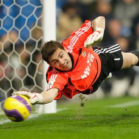 Casillas making a flying save.