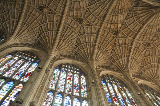 The stained glass and fan vault at the King's College Chapel