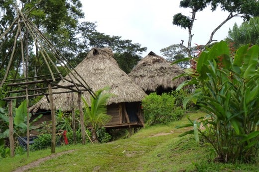 Embera Indian homes with new one under construction on left side.