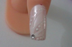 Simple and Easy DIY Nail Art Designs Tutorial: Pearlescent Pink Nails with White Swirls, Dots, and Rhinestones