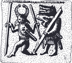 Sixth century Swedish helmet plate depicting warriors wearing animal masks.