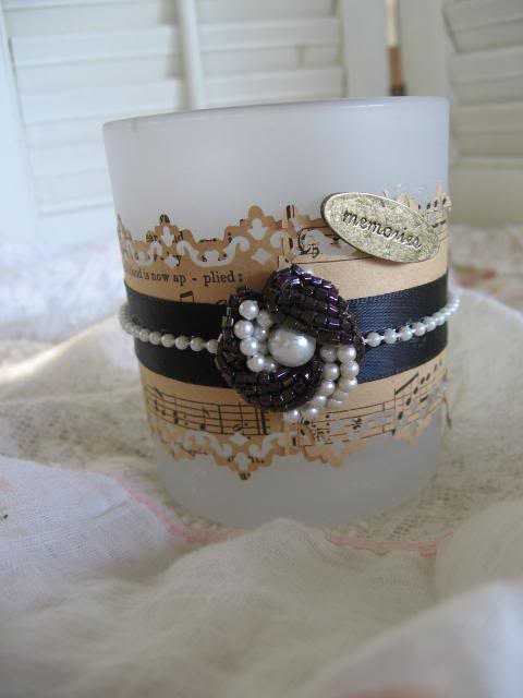 Vintage clip on earring, ribbon, string of pearls, tag, sheet music
