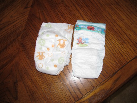 Store brand on right, Pampers on the left