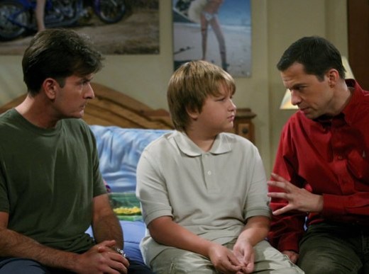 Charlie, Alan and Jake seemingly engrosed in a sensitive conversation on the Two and a Half Men show Season 5